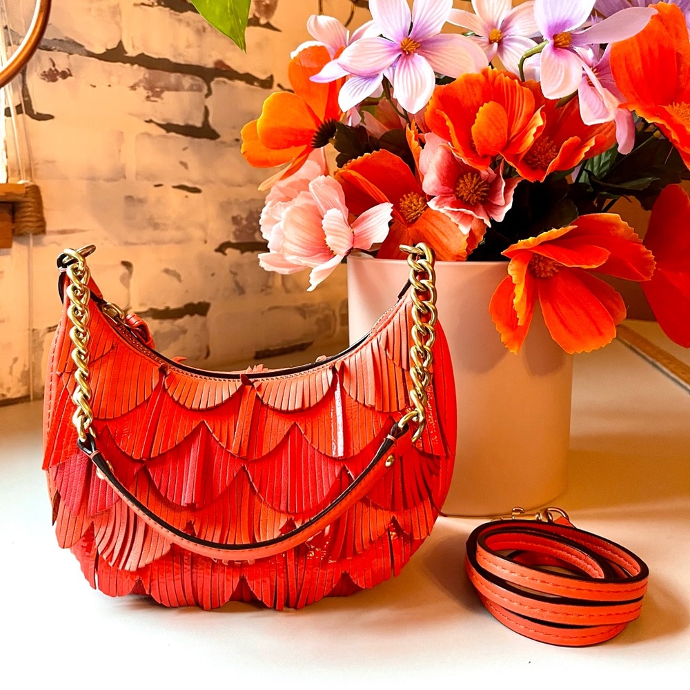 Coach Poppy Limited Edition Orange Leather Fringe Mini Hobo w Gold Chain Rare